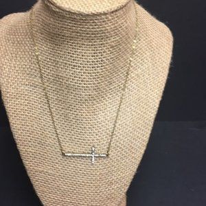 Rhinestone Cross Necklace Gold Horizontal Bling Glam